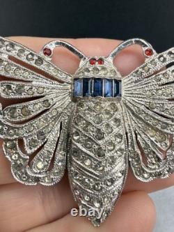 Vintage Pot Metal Brooch Butterfly Blue Red Rhinestone Silver Tone
