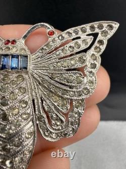 Vintage Pot Metal Brooch Butterfly Blue Red Rhinestone Silver Tone