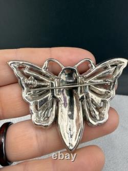 Vintage Pot Metal Brooch Butterfly Blue Red Rhinestone Silver Tone