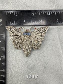 Vintage Pot Metal Brooch Butterfly Blue Red Rhinestone Silver Tone