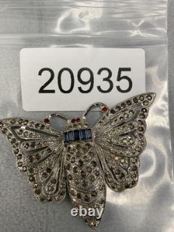 Vintage Pot Metal Brooch Butterfly Blue Red Rhinestone Silver Tone