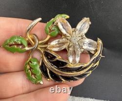 Vintage Pot Metal Brooch HEAVY Gold Tone Enamel Rhinestone Flower