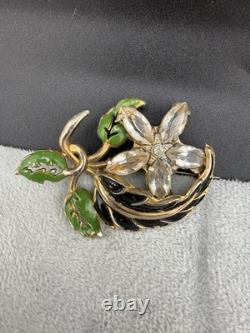 Vintage Pot Metal Brooch HEAVY Gold Tone Enamel Rhinestone Flower