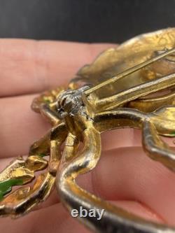 Vintage Pot Metal Brooch HEAVY Gold Tone Enamel Rhinestone Flower