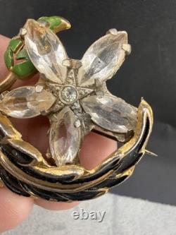 Vintage Pot Metal Brooch HEAVY Gold Tone Enamel Rhinestone Flower