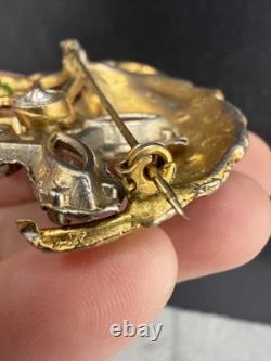 Vintage Pot Metal Brooch HEAVY Gold Tone Enamel Rhinestone Flower