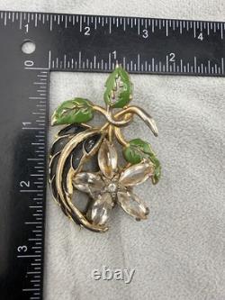 Vintage Pot Metal Brooch HEAVY Gold Tone Enamel Rhinestone Flower Vintage Pot Metal Brooch HEAVY Gold Tone Enamel Rhinestone Flower