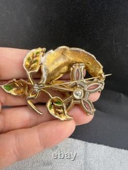 Vintage Pot Metal Brooch HEAVY Gold Tone Enamel Rhinestone Flower
