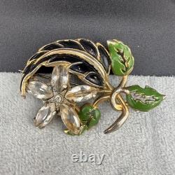 Vintage Pot Metal Brooch HEAVY Gold Tone Enamel Rhinestone Flower