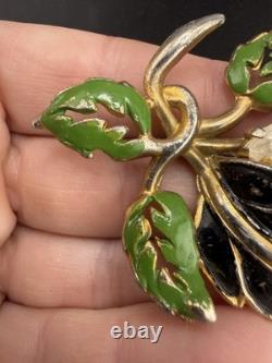 Vintage Pot Metal Brooch HEAVY Gold Tone Enamel Rhinestone Flower