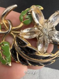 Vintage Pot Metal Brooch HEAVY Gold Tone Enamel Rhinestone Flower