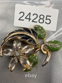 Vintage Pot Metal Brooch HEAVY Gold Tone Enamel Rhinestone Flower