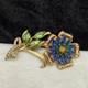 Vintage Pot Metal Brooch Rhinestone Blue Green Flower Gold Tone Enamel READ
