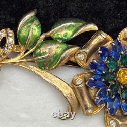 Vintage Pot Metal Brooch Rhinestone Blue Green Flower Gold Tone Enamel READ