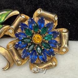Vintage Pot Metal Brooch Rhinestone Blue Green Flower Gold Tone Enamel READ