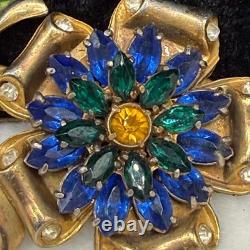 Vintage Pot Metal Brooch Rhinestone Blue Green Flower Gold Tone Enamel READ