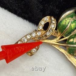 Vintage Pot Metal Brooch Rhinestone Blue Green Flower Gold Tone Enamel READ