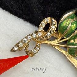 Vintage Pot Metal Brooch Rhinestone Blue Green Flower Gold Tone Enamel READ