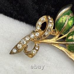 Vintage Pot Metal Brooch Rhinestone Blue Green Flower Gold Tone Enamel READ