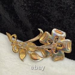 Vintage Pot Metal Brooch Rhinestone Blue Green Flower Gold Tone Enamel READ