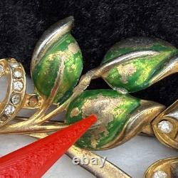 Vintage Pot Metal Brooch Rhinestone Blue Green Flower Gold Tone Enamel READ