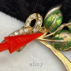 Vintage Pot Metal Brooch Rhinestone Blue Green Flower Gold Tone Enamel READ