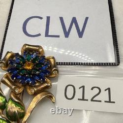 Vintage Pot Metal Brooch Rhinestone Blue Green Flower Gold Tone Enamel READ