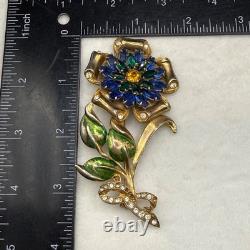 Vintage Pot Metal Brooch Rhinestone Blue Green Flower Gold Tone Enamel READ
