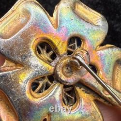 Vintage Pot Metal Brooch Rhinestone Blue Green Flower Gold Tone Enamel READ