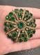 Vintage Pot Metal Deco Gold Tone Green Clear Rhinestone Starburst Brooch READ