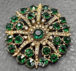 Vintage Pot Metal Deco Gold Tone Green Clear Rhinestone Starburst Brooch READ