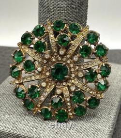 Vintage Pot Metal Deco Gold Tone Green Clear Rhinestone Starburst Brooch READ