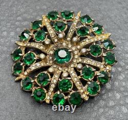 Vintage Pot Metal Deco Gold Tone Green Clear Rhinestone Starburst Brooch READ