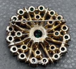 Vintage Pot Metal Deco Gold Tone Green Clear Rhinestone Starburst Brooch READ
