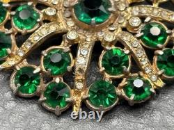 Vintage Pot Metal Deco Gold Tone Green Clear Rhinestone Starburst Brooch READ
