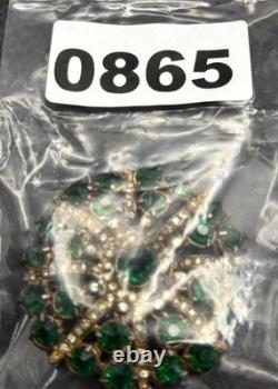Vintage Pot Metal Deco Gold Tone Green Clear Rhinestone Starburst Brooch READ