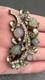Vintage Pot Metal Pastel Art Glass Carved Molded Leaf Rhinestone Deco Brooch