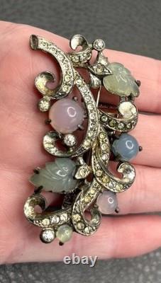 Vintage Pot Metal Pastel Art Glass Carved Molded Leaf Rhinestone Deco Brooch