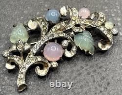 Vintage Pot Metal Pastel Art Glass Carved Molded Leaf Rhinestone Deco Brooch