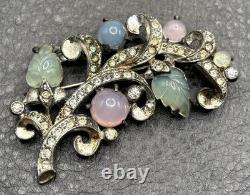 Vintage Pot Metal Pastel Art Glass Carved Molded Leaf Rhinestone Deco Brooch