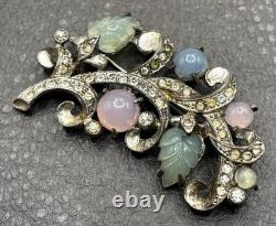 Vintage Pot Metal Pastel Art Glass Carved Molded Leaf Rhinestone Deco Brooch