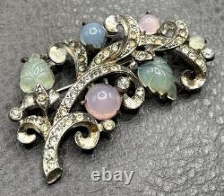 Vintage Pot Metal Pastel Art Glass Carved Molded Leaf Rhinestone Deco Brooch