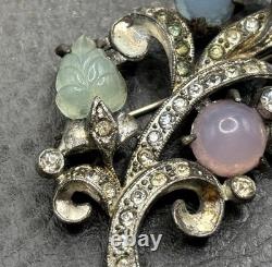 Vintage Pot Metal Pastel Art Glass Carved Molded Leaf Rhinestone Deco Brooch