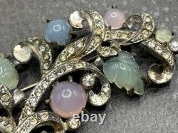 Vintage Pot Metal Pastel Art Glass Carved Molded Leaf Rhinestone Deco Brooch
