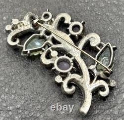 Vintage Pot Metal Pastel Art Glass Carved Molded Leaf Rhinestone Deco Brooch