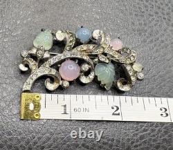 Vintage Pot Metal Pastel Art Glass Carved Molded Leaf Rhinestone Deco Brooch