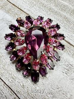 Vintage Purple Red Pink Rhinestone Spray Dome Teardrop Hook Eye Layer Brooch Pin