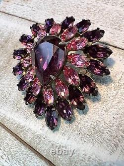 Vintage Purple Red Pink Rhinestone Spray Dome Teardrop Hook Eye Layer Brooch Pin