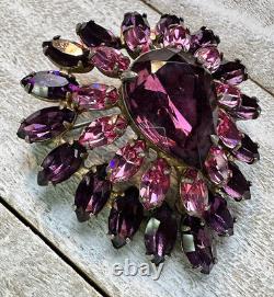 Vintage Purple Red Pink Rhinestone Spray Dome Teardrop Hook Eye Layer Brooch Pin