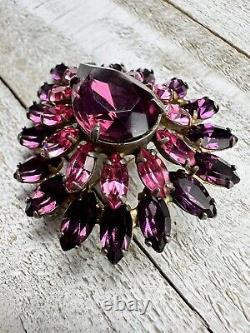 Vintage Purple Red Pink Rhinestone Spray Dome Teardrop Hook Eye Layer Brooch Pin